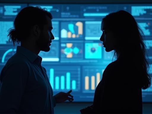 Two people discussing data on a screen, representing learning and collaboration.